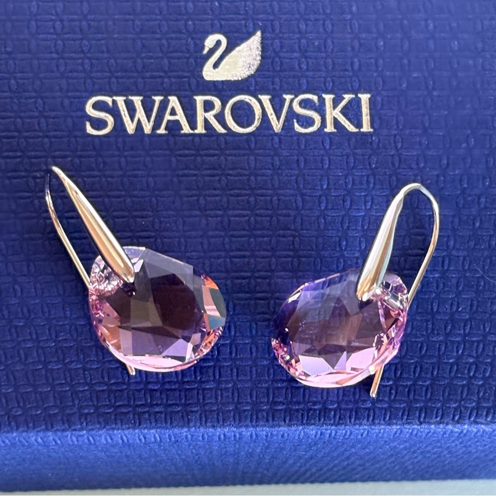Authentic Swarovski Galet Cut Soft Purple Rhodium Plated Fish Hook Drop Earrings - Picture 6 of 15